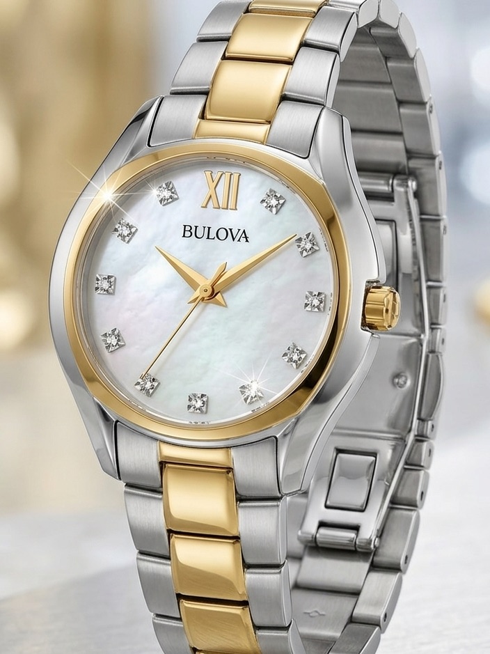 Bulova Diamond Mother Of Pearl Dial Two Tone Gold Silver Womens Watch 98p145